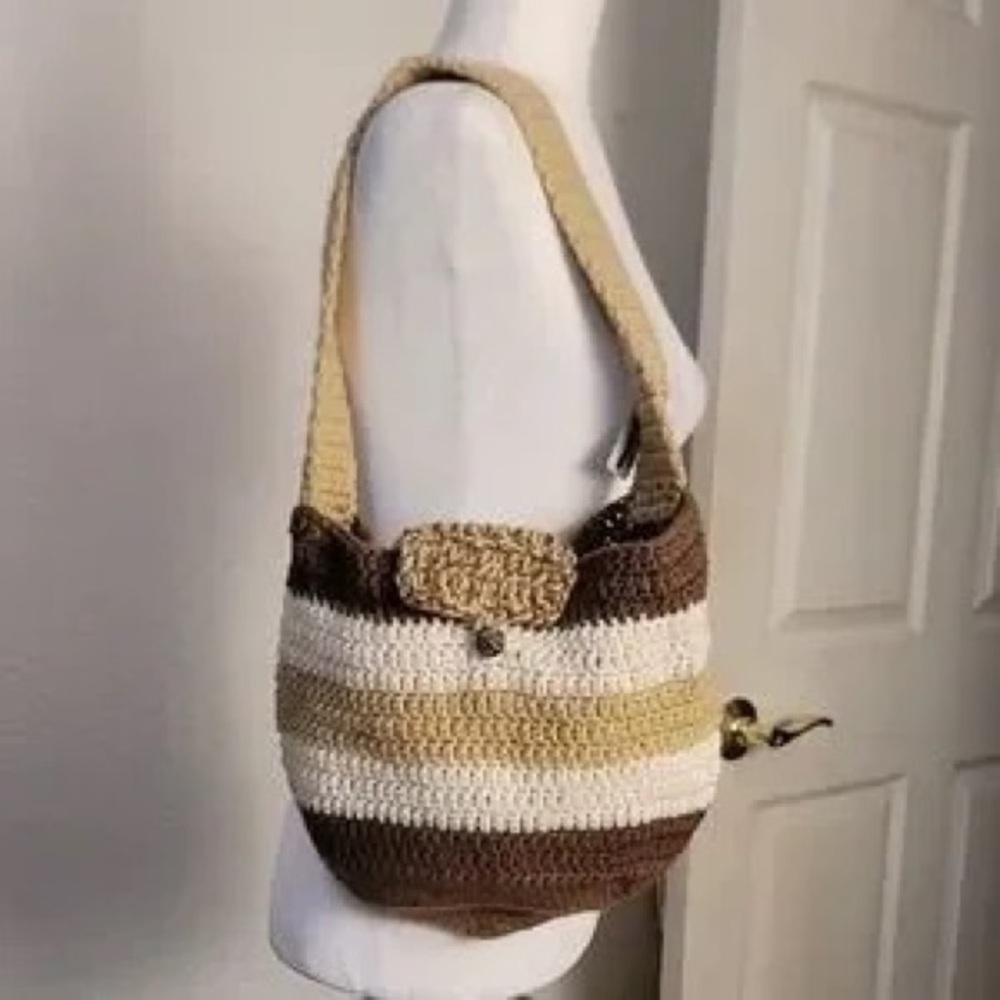 Striped Crochet Shoulder Bag in Brown, Cream & Tan